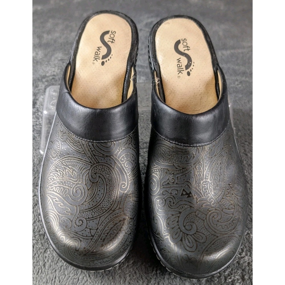 SoftWalk Black Leather Paisley Embossed Clogs Mules Slip On Comfort Shoes EUC‎ - Picture 2 of 8